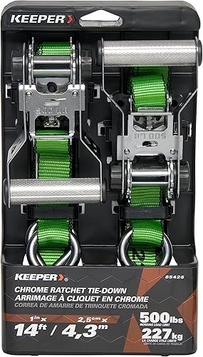 Miniatura 2 de Keeper  1,500 libras. Amarre de trinquete cromado con resistencia a la rotura con ganchos en J, paquete de 2  500 libras. Límite de carga de trabajo