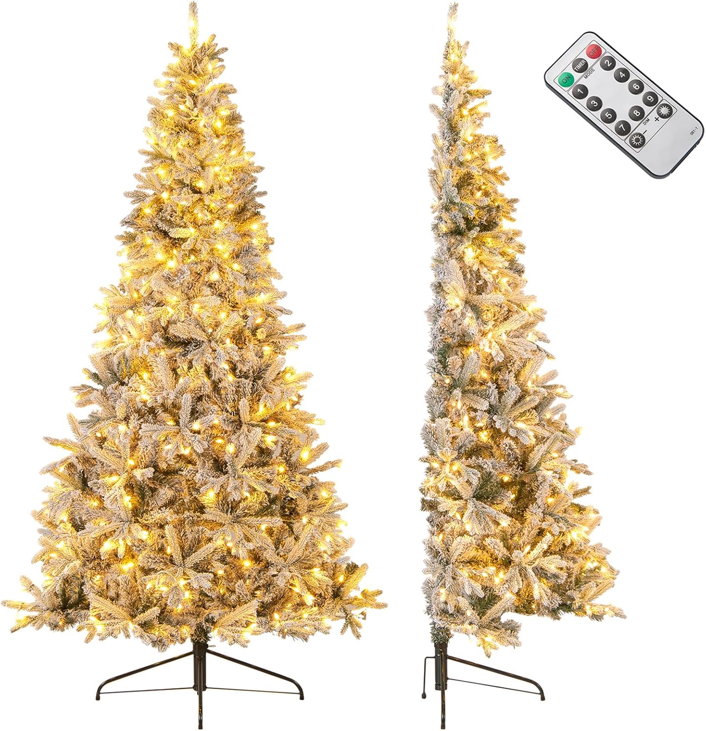 DORTALA 7FT Pre-lit Half Christmas Tree, Snow Flocked 1/2 Corner Flat Back Xmas Tree with 852 Branch Tips, 240 Warm White & Multicolored LED Lights, Remote for Home Holiday Decor