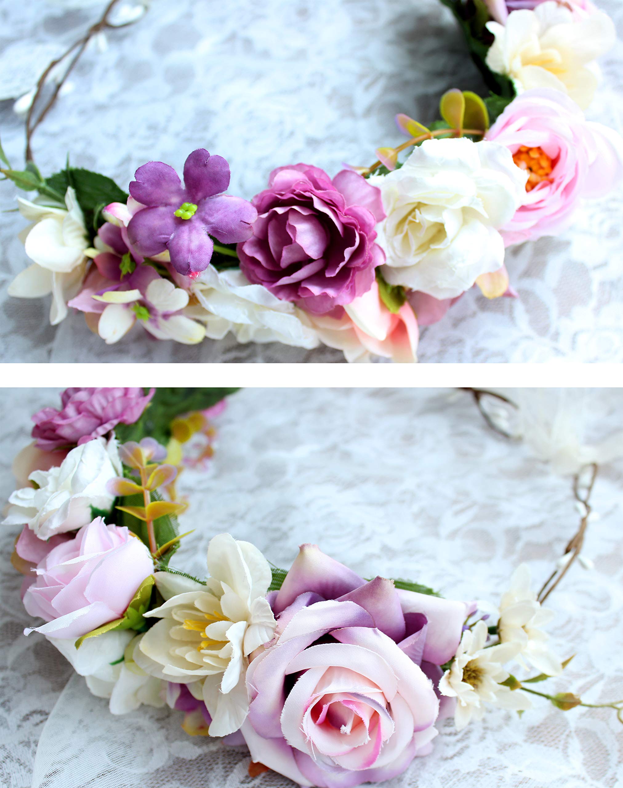 Verstellbares Haarband mit Blumenkranz und Schleife von Vivivalue, Blumenkrone, Boho-Stil - - Einheitsgröße | Haarkranz mit Band für Halloween, Renaissance, Hochzeit, Kostüm, Party, Braut, Cosplay, Abschlussball, Foto