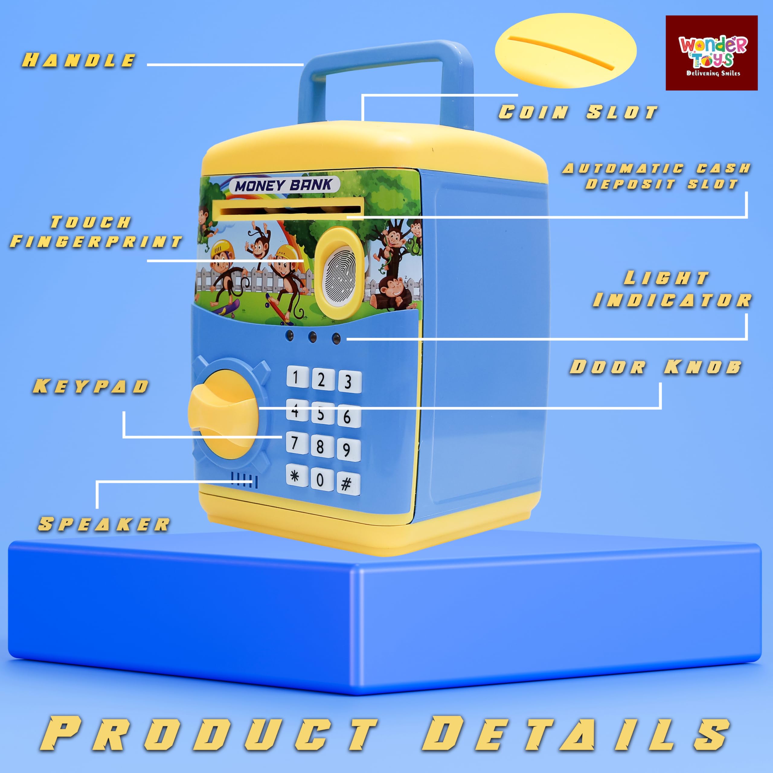 Wonder Money Bank ATM for Kids & Adults | Fingerprint Sensor Electronic Lock & Unlock | Piggy Bank with Sound & Music | Great Gift for Kids (Blue & Yellow) - Image 2 thumbnail