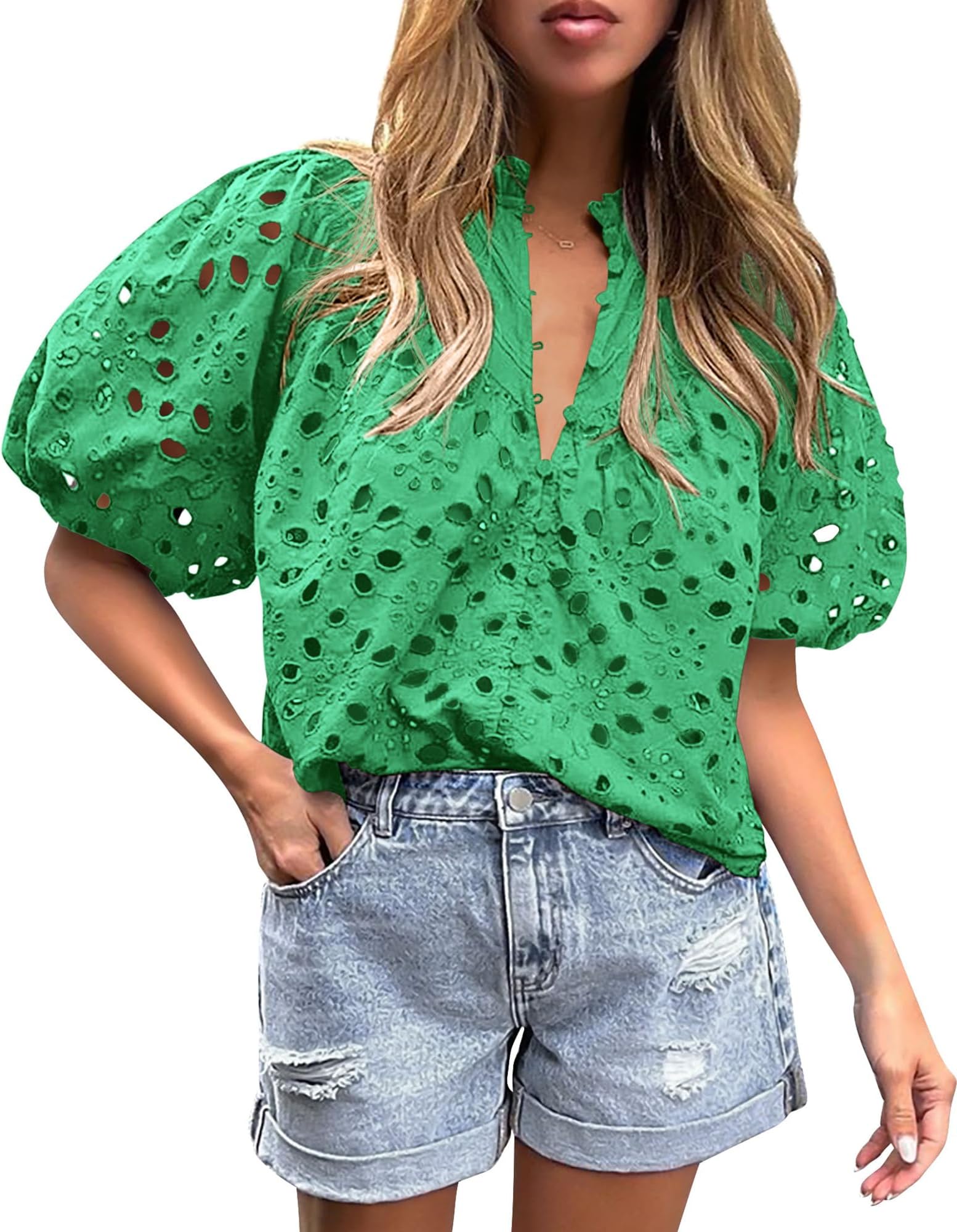 PRETTYGARDENWomen's Summer Tops Dressy Casual Short Lantern Sleeve V Neck Buttons Hollow Out Lace Embroidered Blouses Shirts