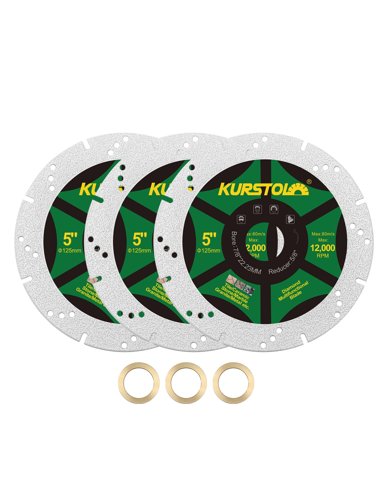 Diamond Cutting Disc 125mm 3pcs - KURSTOL Diamond Multi-Purpose Saw Blades Angle Grinder for Marble, Granite, Tile, Ceramic, Porcelain, Metal, Stone