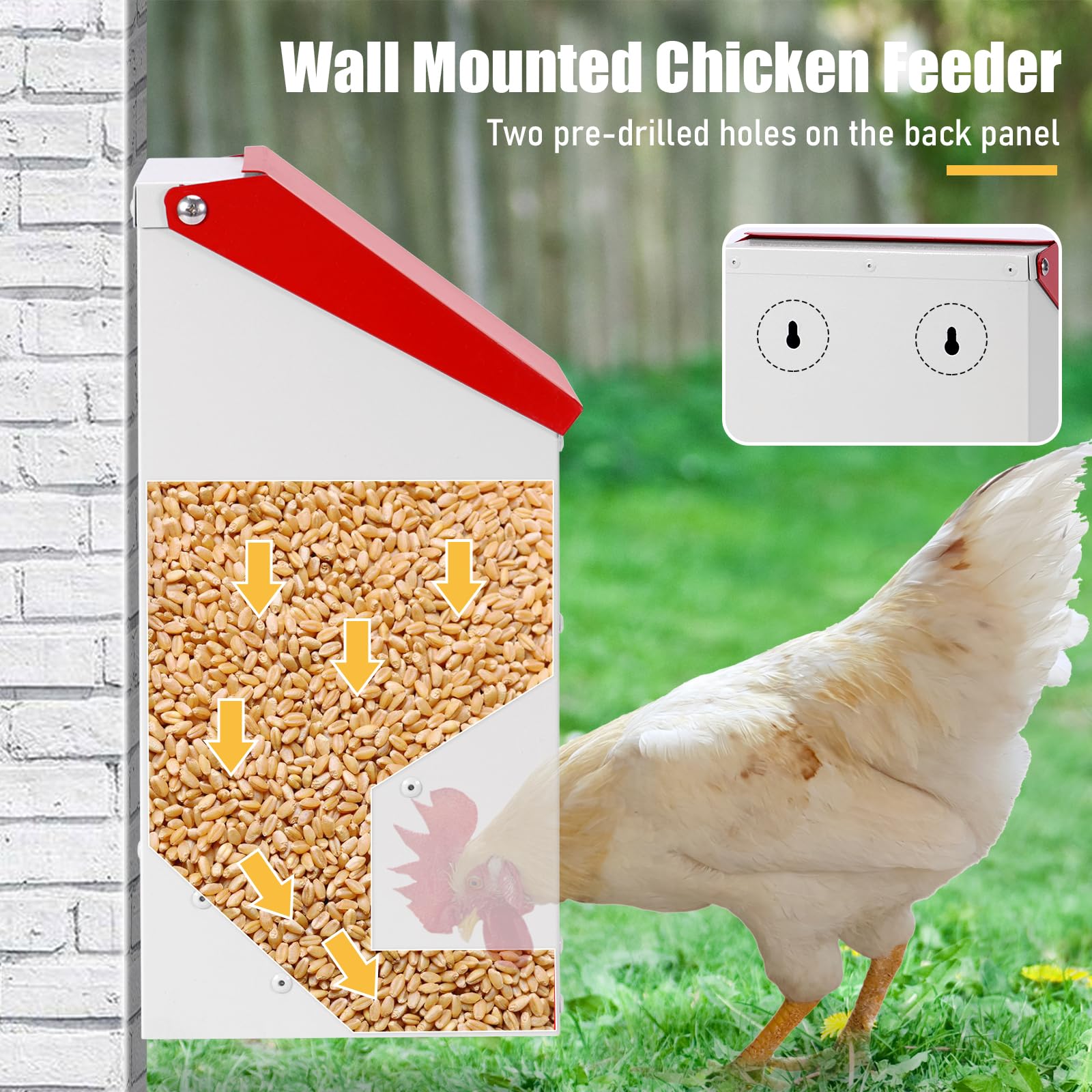 Automatic Chicken Feeder 10lbs Metal Chicken Feeder No Waste Wall Mounted Poultry Feeder Trough with Scoop for Chickens Ducks Quail Geese Pet - image 2