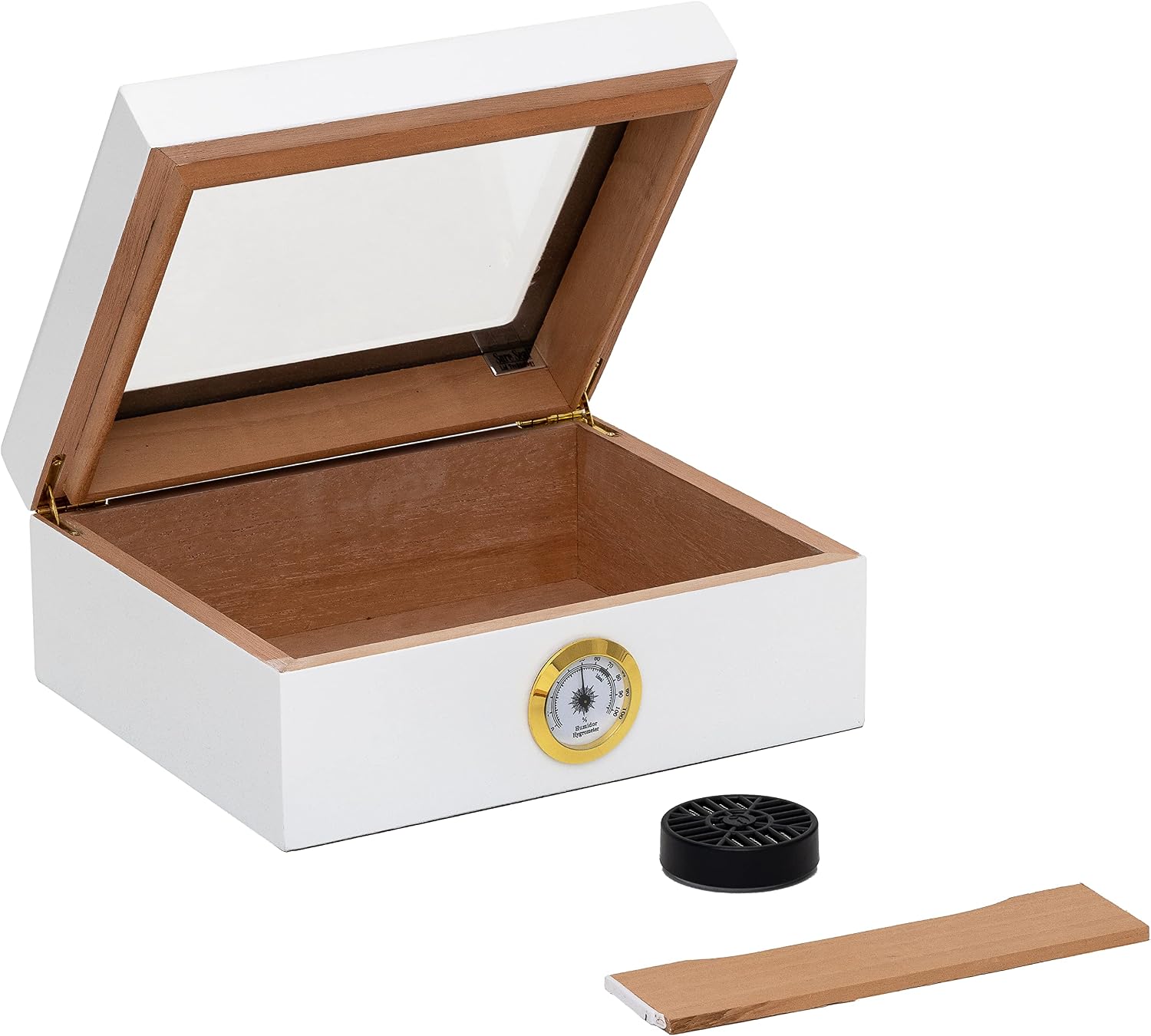 Capri Desktop Humidor with Tempered Glasstop, Cedar Divider, and Brass Ring Glass Hygrometer, Holds 25 to 50 Cigars, White