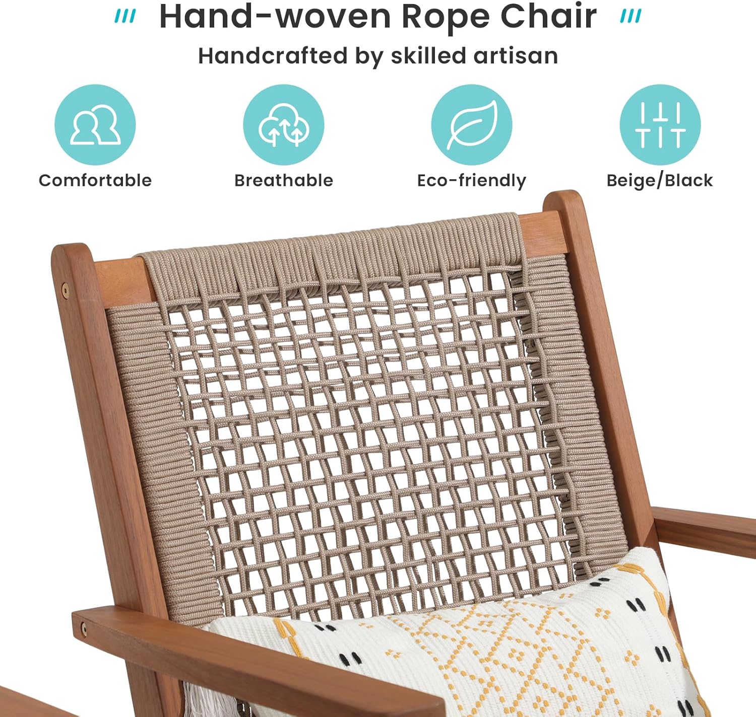 Verano Garden Set of 2 Patio Lounge Chair, Modern Acacia Wood Accent Armchair with Handwoven Rope for Patio,Living Room, Bedroom, Balcony (Beige)