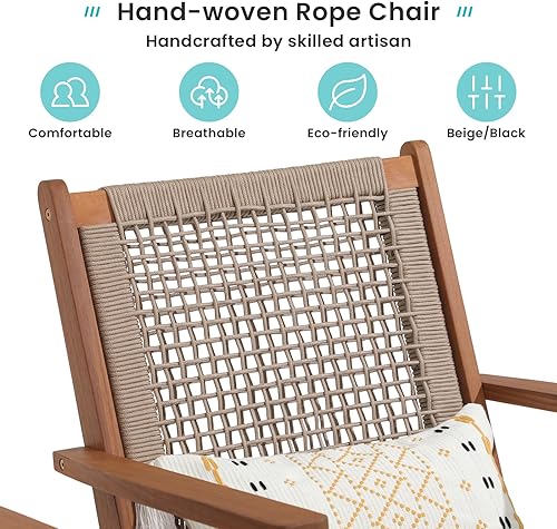 Miniatura 3 de Verano Garden Juego de 2 sillas de patio, sillón moderno de madera de acacia con cuerda tejida a mano para patio, sala de estar, dormitorio, balcón