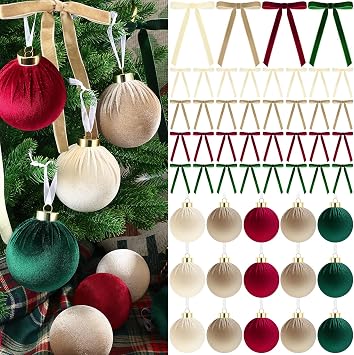 51 Pcs Christmas Velvet Ornaments 15 Pcs Christmas Tree Decor Balls 3.14" 36 Pcs Velvet Vintage Ribbon Bows 5/8" Wide 6 * 8" for Xmas Tree Hanging Decorations Home Indoor Decor Four Colors