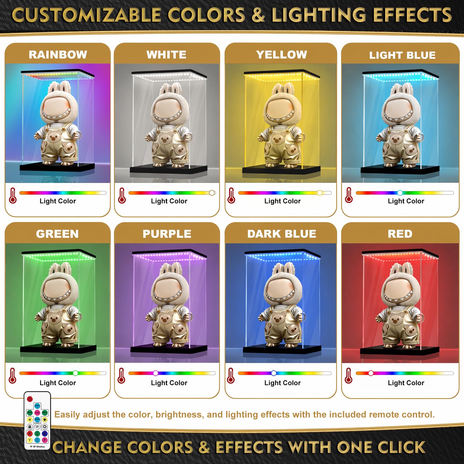 LANSCOERY Vitrine lumineuse RVB en acrylique, boîte de vitrine anti-poussière avec protection UV pour figurines, objets de collection, jouets - 24,9 x 18 x 41,9 cm