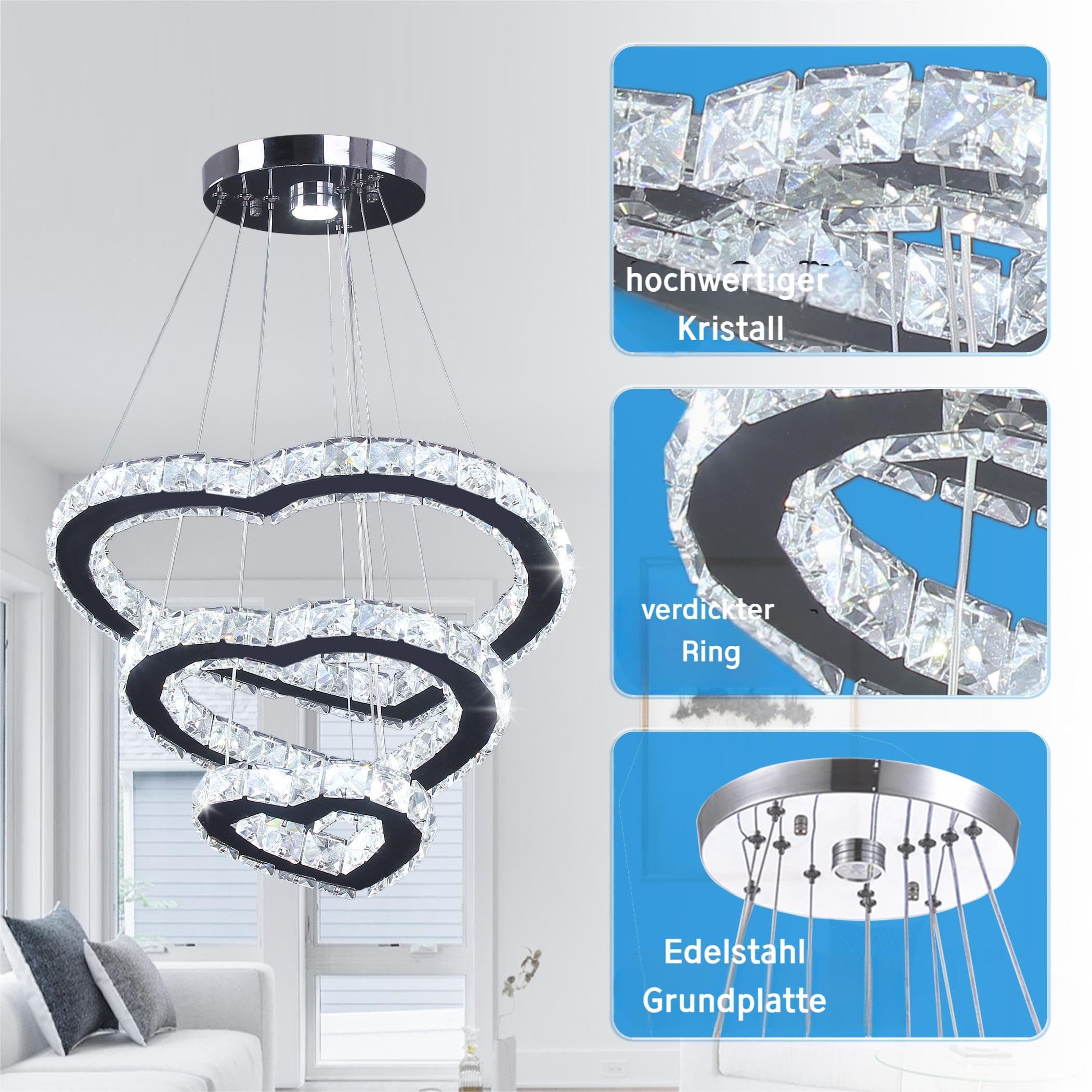 FRIXCHUR Lampada a Sospensione Cristallo Moderna, Lampada a Soffitto LED, Lampada a Soffitto a Sospensione per Camera, Soggiorno, Sala Pranzo, Scala (Luce Bianca Fredda)
