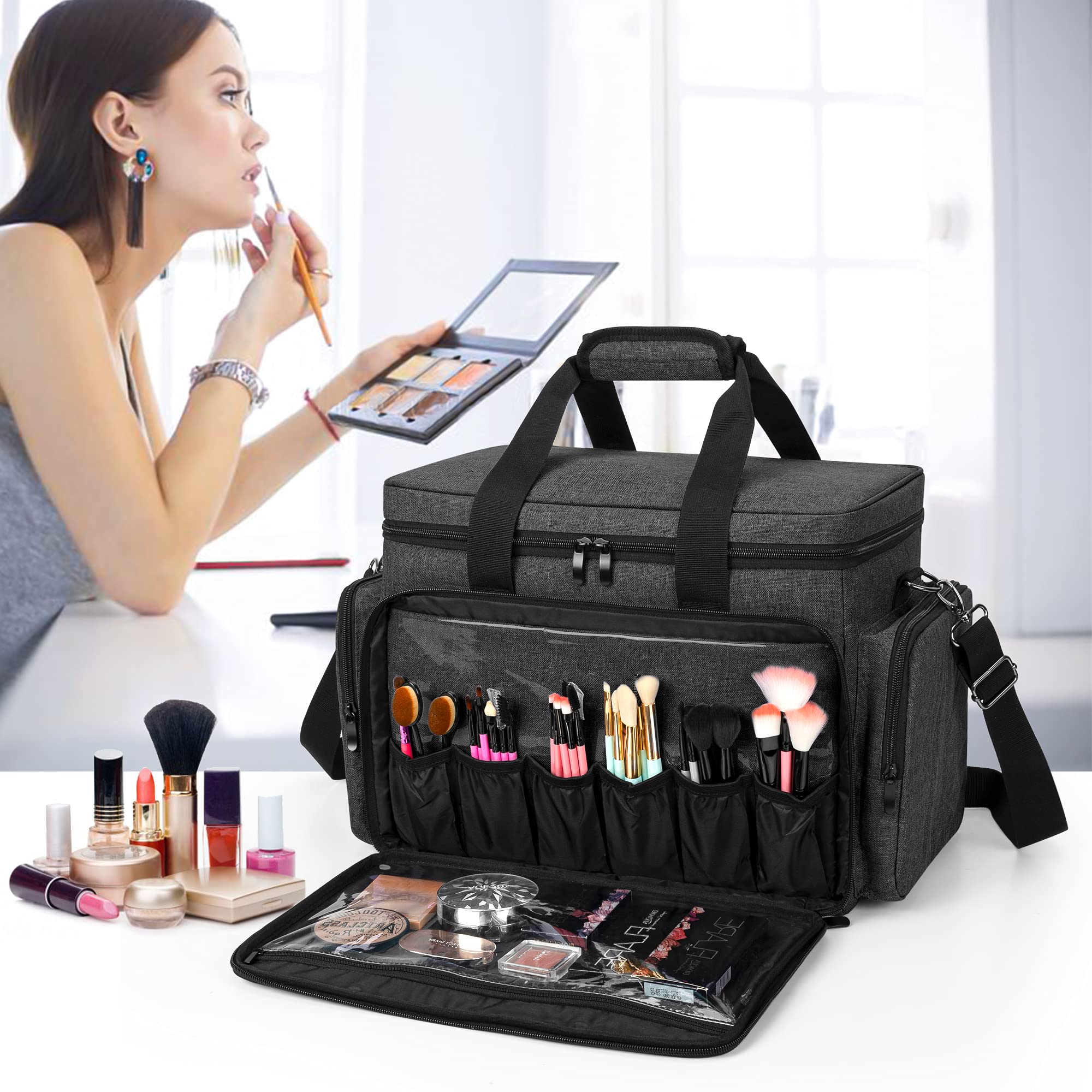 BAFASO Make Up Organizer Tasche, Große Kosmetiktasche Schwarz