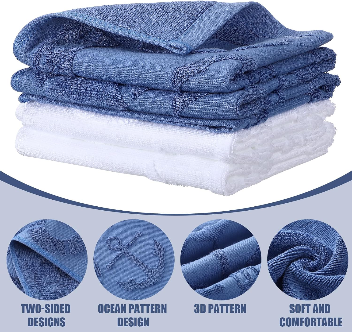 2 Pcs Nautical Hand Towels for Bathroom Navy Blue Nautical Beach Bathroom Hand Towel 100% Cotton Jacquard Weave Dish Washcloth for Sunmmer Kitchen Farmhouse Gifts 12.6 x 28.35 Inch - Image 2