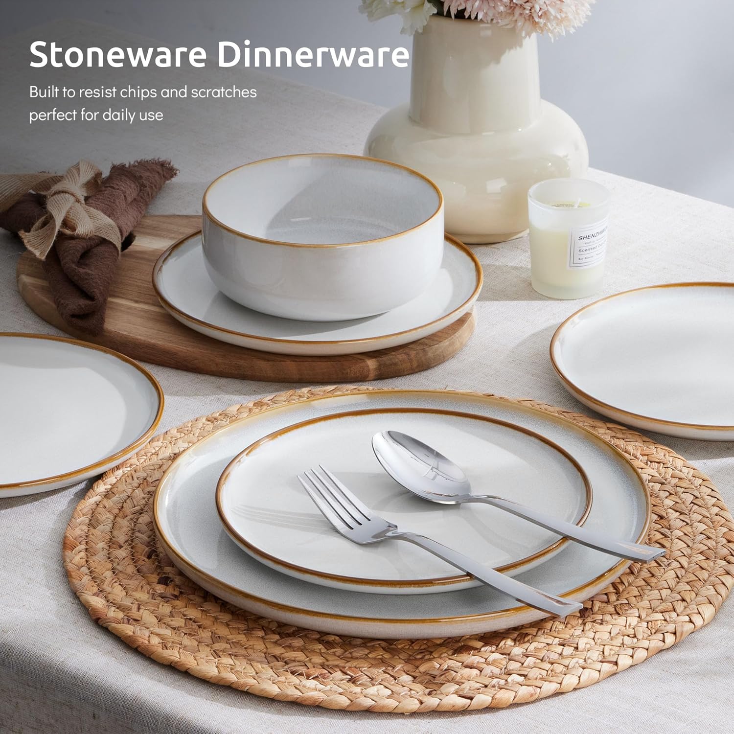 E-far Plates and Bowls Set for 4, 12-Piece Stoneware Dinnerware Sets, Ceramic Dinning Ware Reactive Glaze Dishes Set, Microwave & Dishwasher Safe - Seashell White - Image 3
