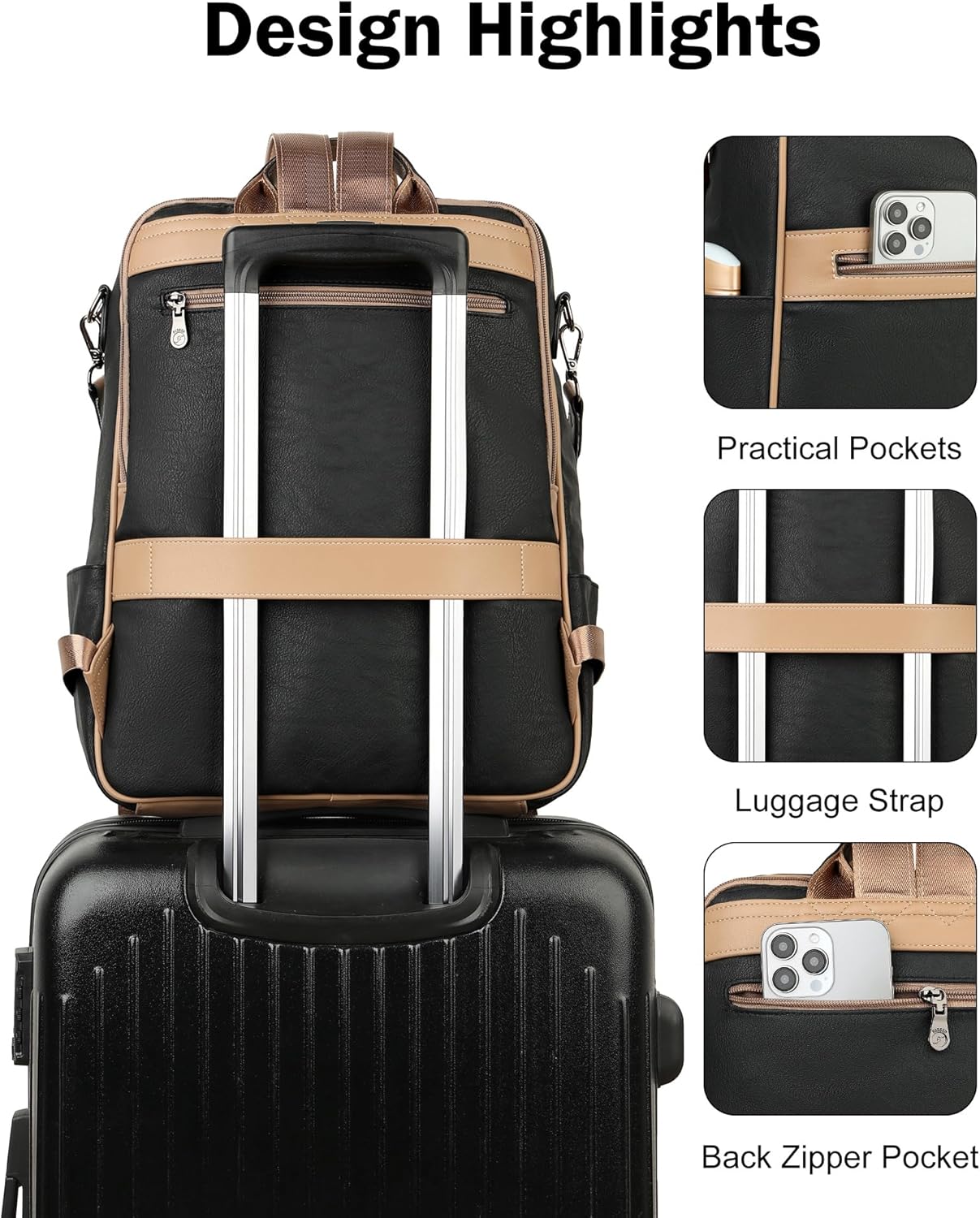 FADEON Laptop Backpack for Women Leather Travel Backpack with Laptop Compartment, Designer PU Shoulder Laptop Bag Black Brown - Image 6