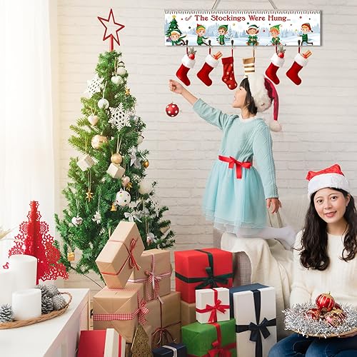 Miniatura 6 de Capoda Soporte para calcetines de Navidad con 6 ganchos de madera para colgar en la pared de mantel de Navidad, gancho decorativo para repisa