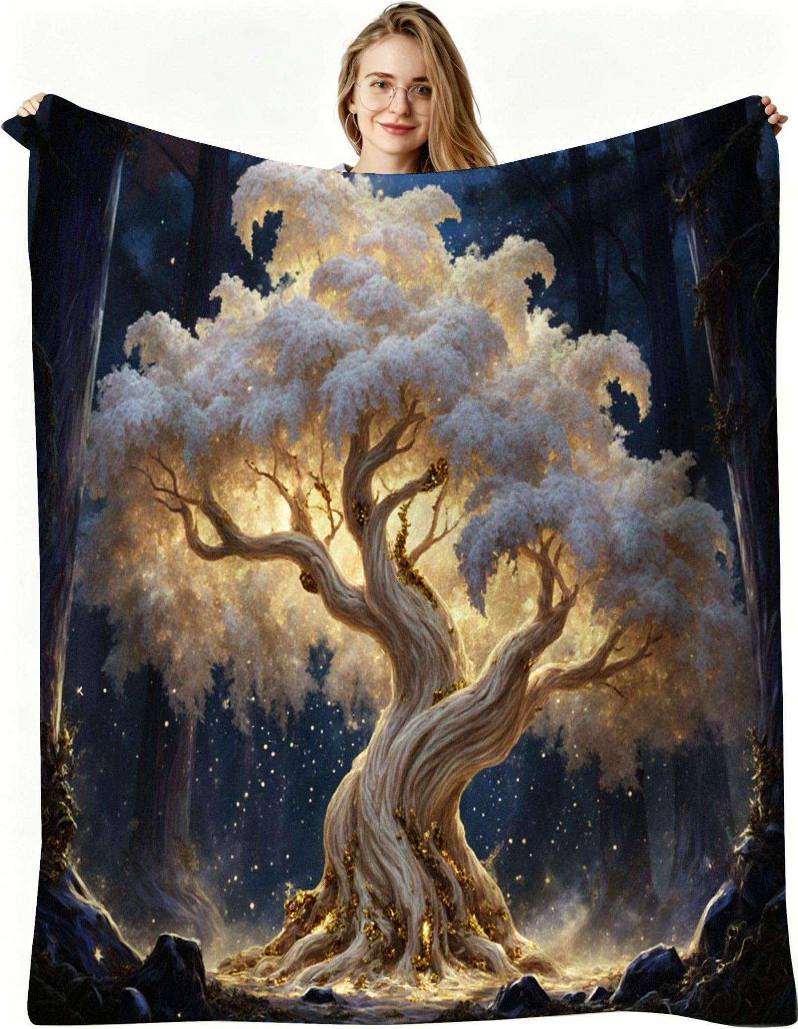 Couverture plaid polaire 130x150 arbre jaune pour des soirées cocooning en famille sur le canapé
