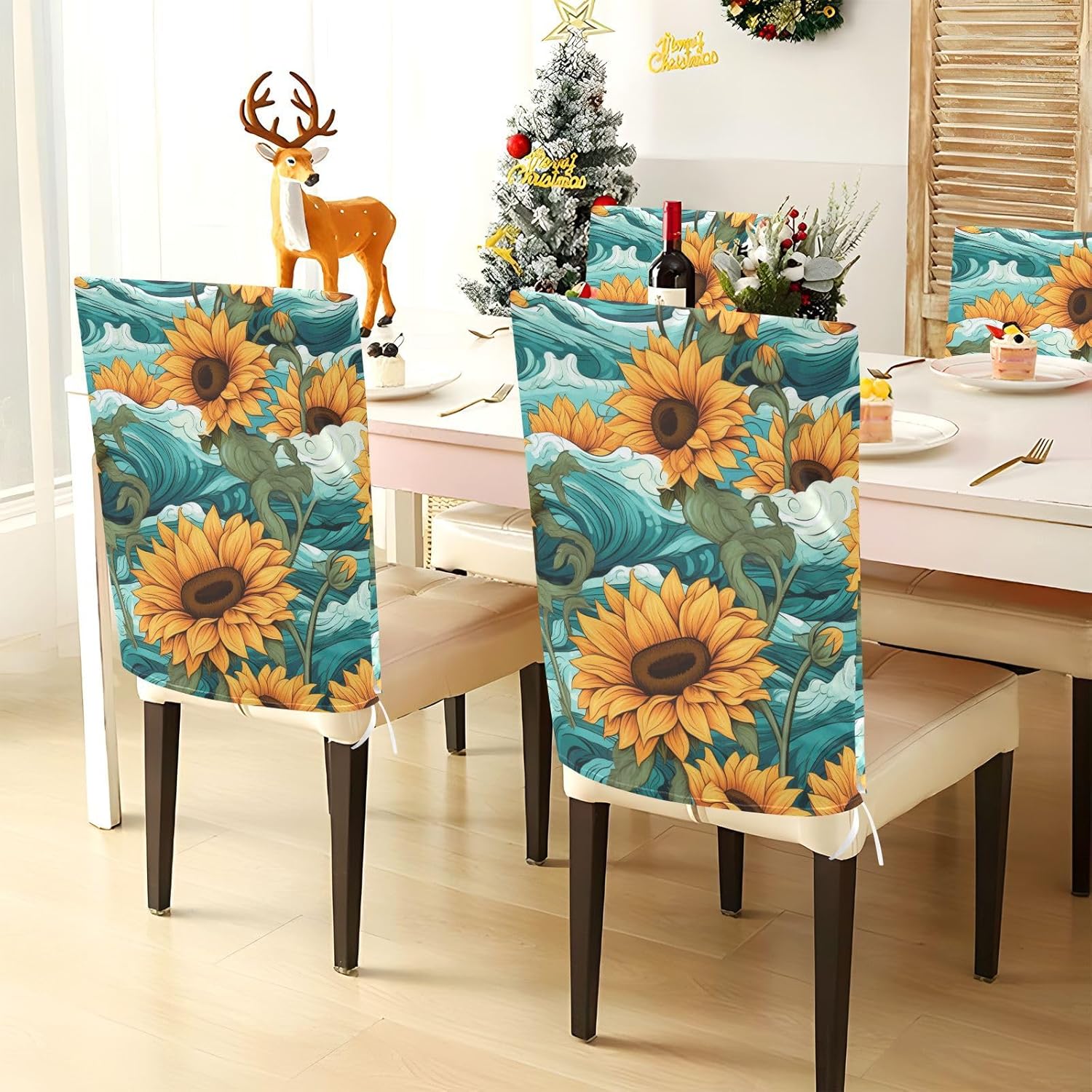 ALAZA Sunflowers Waves and Clouds Chair Back Cover Set of 6, Washable Reusable Removable Chair Slipcovers Decorative Chair Cover for Home Kitchen Wedding Party