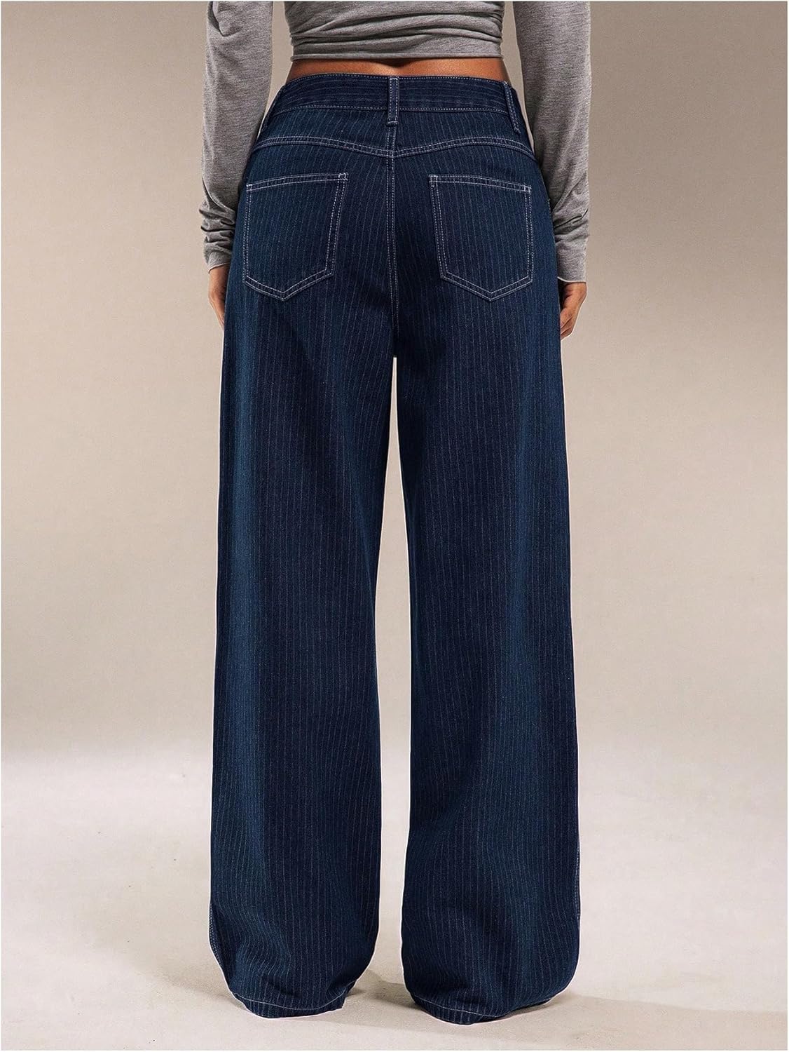 OYOANGLE Women's Striped Wide Leg Jeans Casual Pinstripe Denim Baggy Low-Rise 90s Trendy Pants with Pocket - Image 2