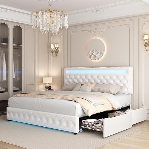 Miniatura 44 de GEGOFORU - Base de cama LED Queen con 4 cajones de almacenamiento, con control inteligente RGBW luces LED cabecera, control de color bricolaje,