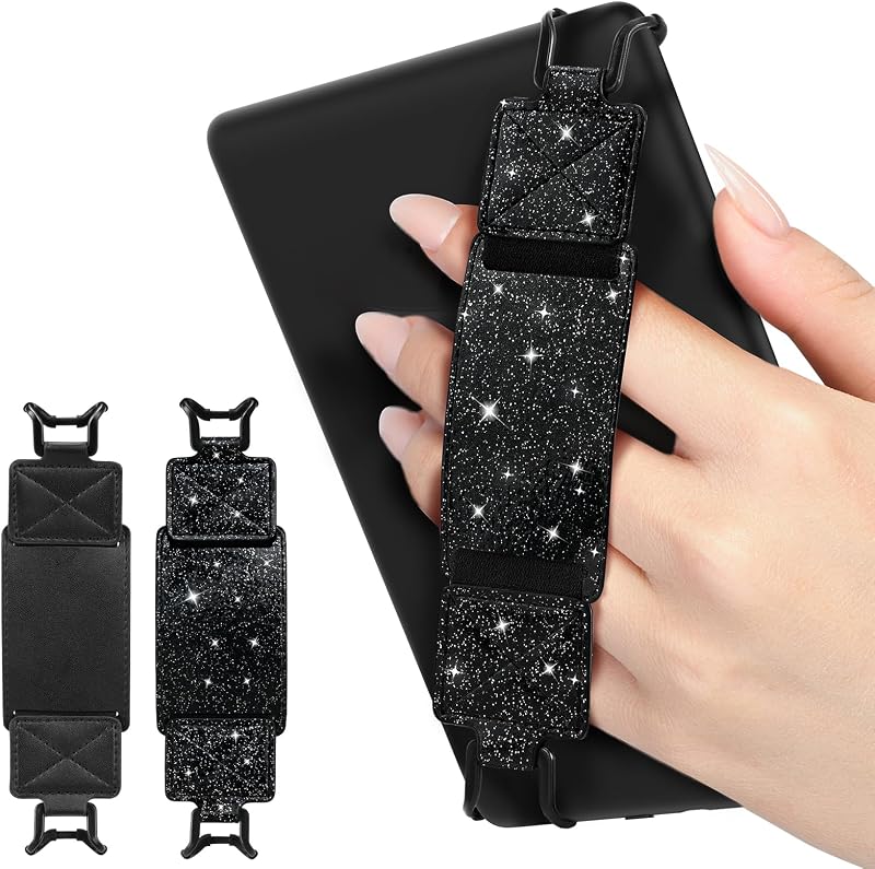 Paquete de 2 correas de mano MoKo para tabletas Kindle eReaders de 6-8", negro+ negro brillante | Accesorios eReader para tabletas Kindle/Kobo/Sony de 6-8", correa de mano negra de alta elasticidad, soporte ligero para agarre de dedos