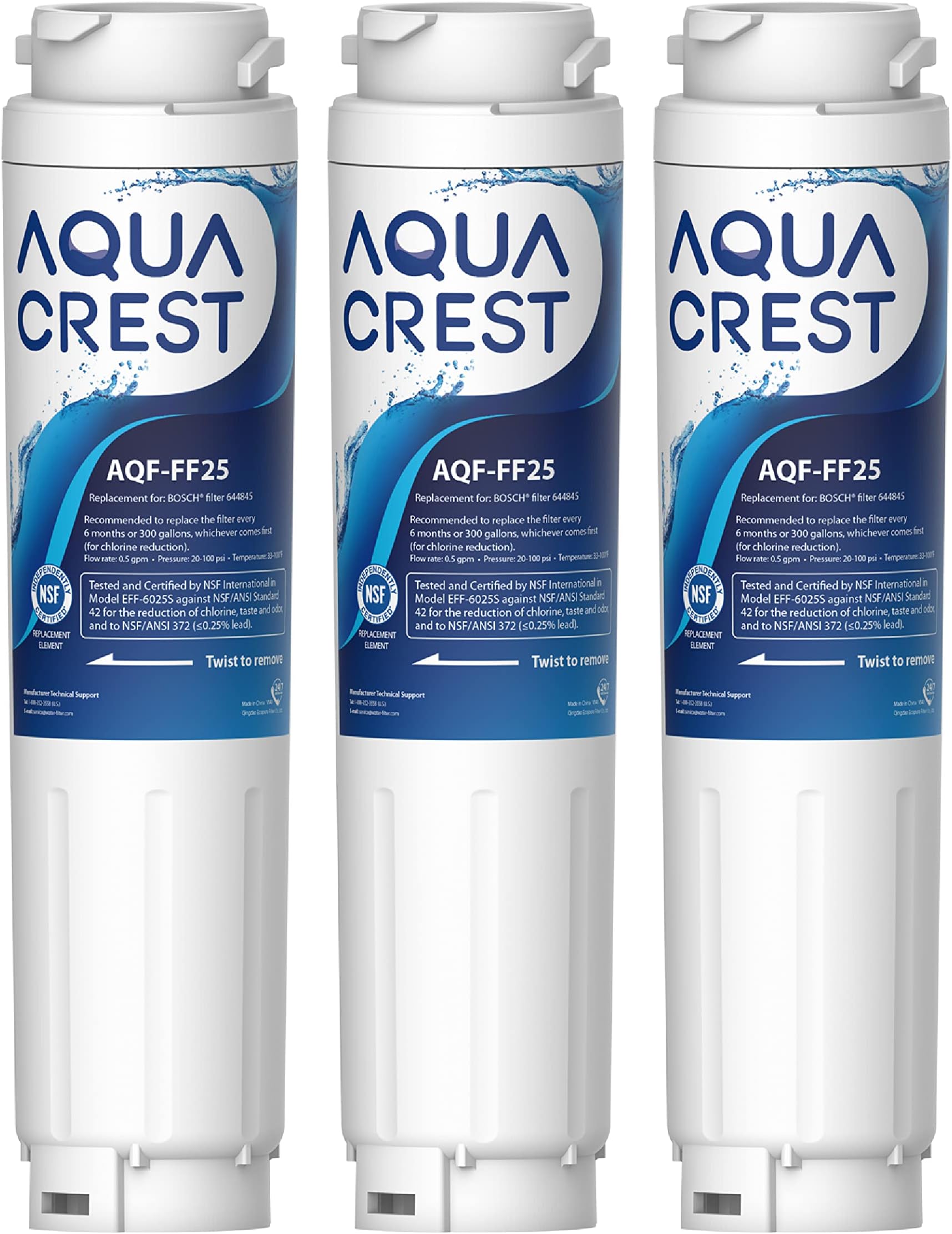 3X AQUACREST AQF-FF25 Fridge Water Filter, Replacement for Bosch UltraClarity 644845 REPLFLTR10 00740560 9000194412 9000077104 Neff Gaggenau Miele/Haier 0060820860 0060218743 Rangemaster DXD 90170 (3)