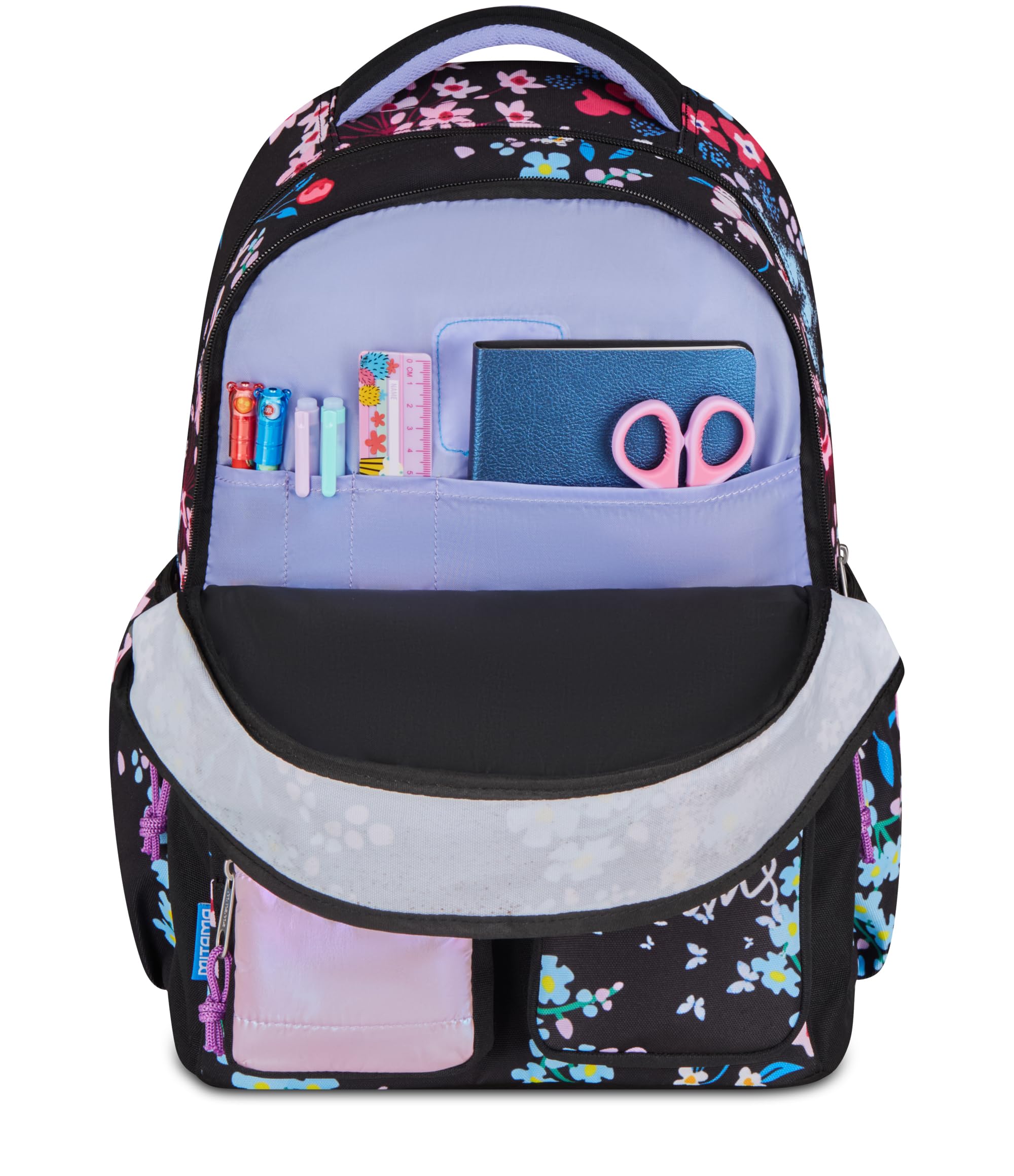 Mitama Zaino Scuola Elementare M-Power TrendyFlowers, Triplo Scomparto, Ragazzi e Ragazze, Tasca Porta Borraccia, Schienale Imbottito, viola