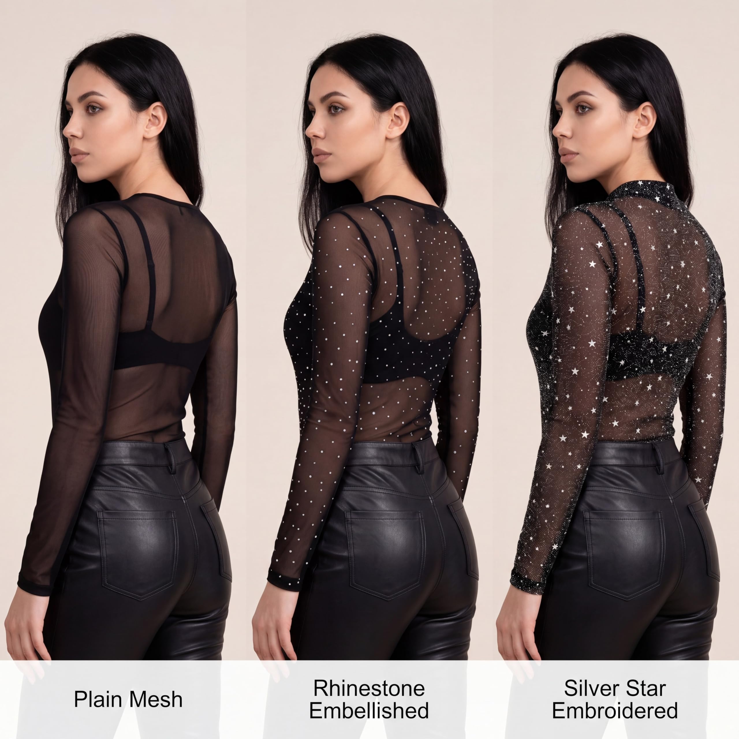 Confezione da 3 magliette da donna in rete velata glitterata, a maniche lunghe, trasparenti, per discoteca, concerto, discoteca, discoteca