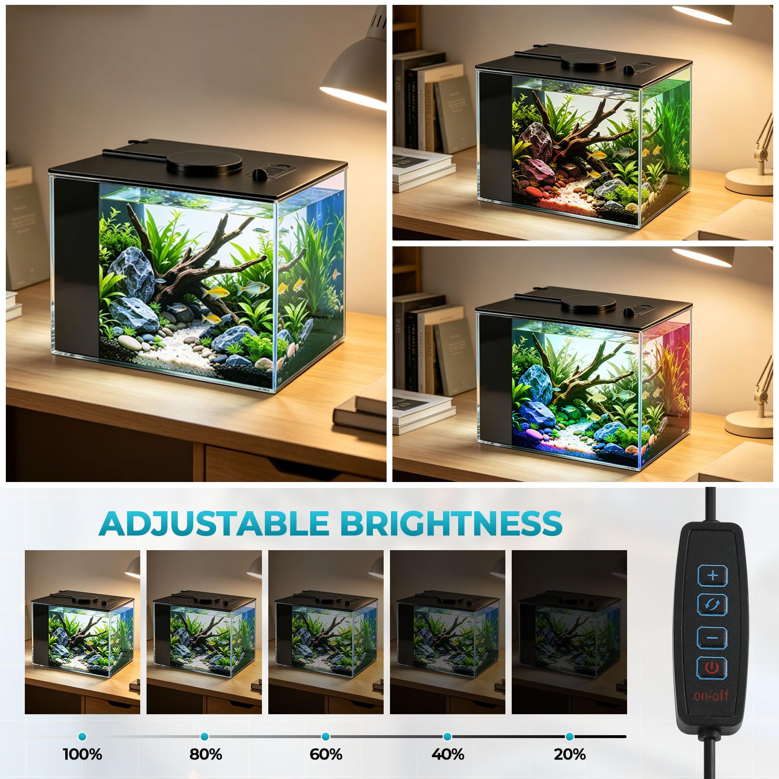 Betta Fish Tank, pequeño acuario de plástico con cubierta y luz LED, kit de inicio de acuario con sistema de filtro, mini pecera de escritorio para camarones Betta