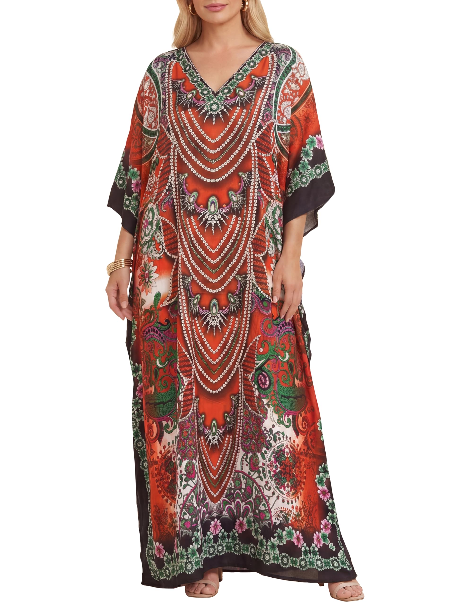 Love My Fashions Women's Orange Paisley Love My Fashions® Moroccan Kaftans Paisley Print Tunic Long Summer Dress Loungewear Swim Cover Up Beachwear Sundress Casual Nightwear