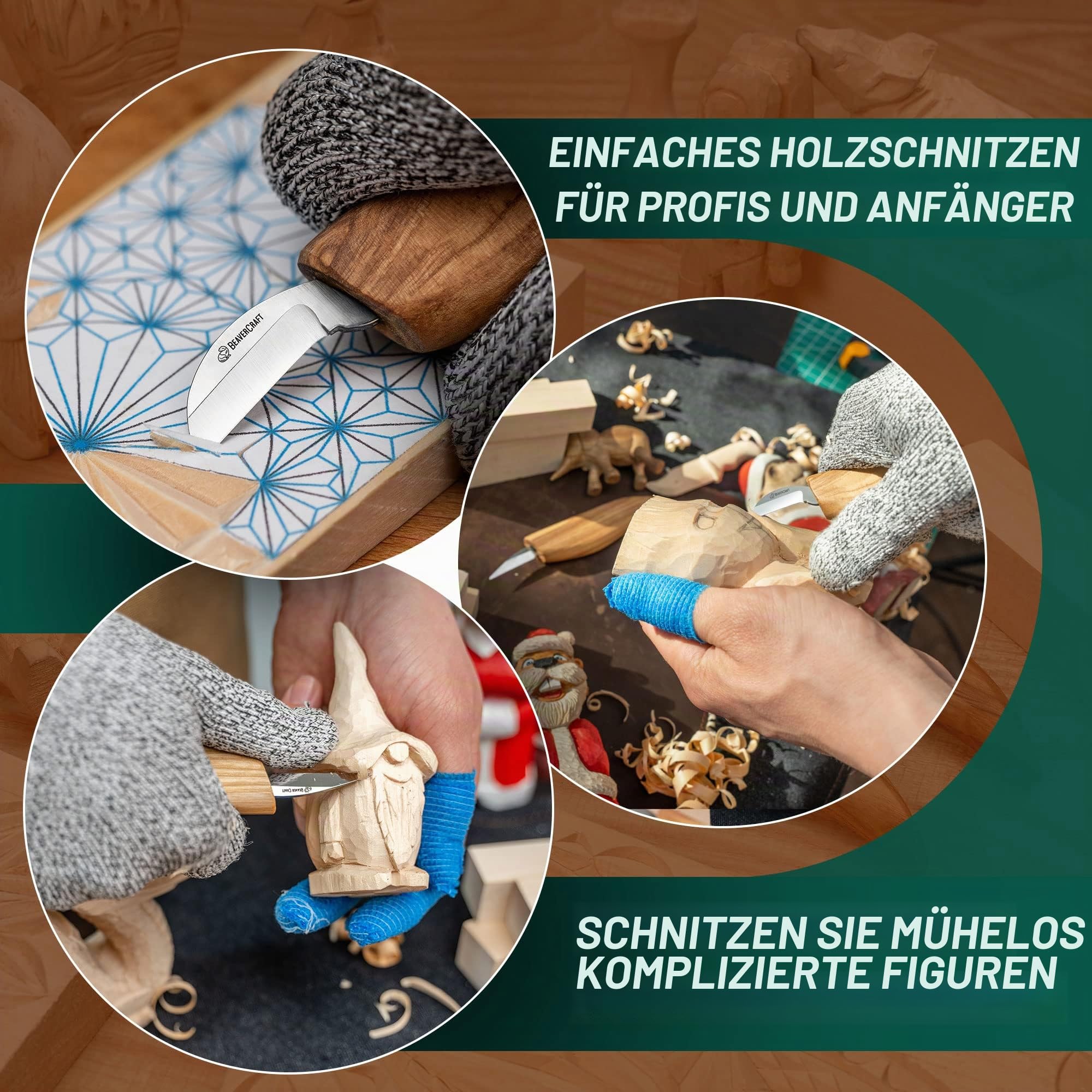 BeaverCraft Holzschnitzset für Kinder & Erwachsene - Holz Schnitzwerkzeug S16 mit Schnitzmessern Linde Holz-Blöcken zum Schnitzen, Hobby Schnitzmesserkit - Schnitzmesserset für Anfänger