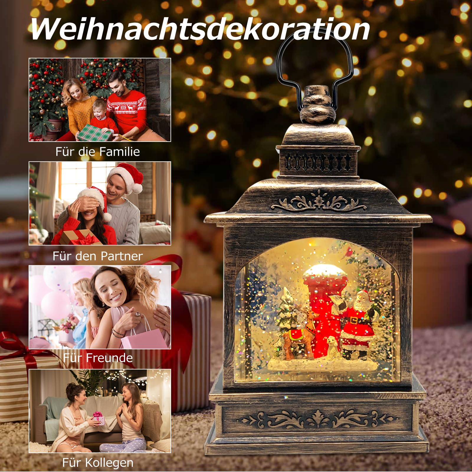 Weihnachts Schneekugel Laterne mit Zeitschaltuhr, Beleuchtete USB/batteriebetriebene Wirbelnde Singende Wasserlaterne mit Projektion, Schneekugel Laterne für Erwachsene Kinder, Weihnachtsdekoration