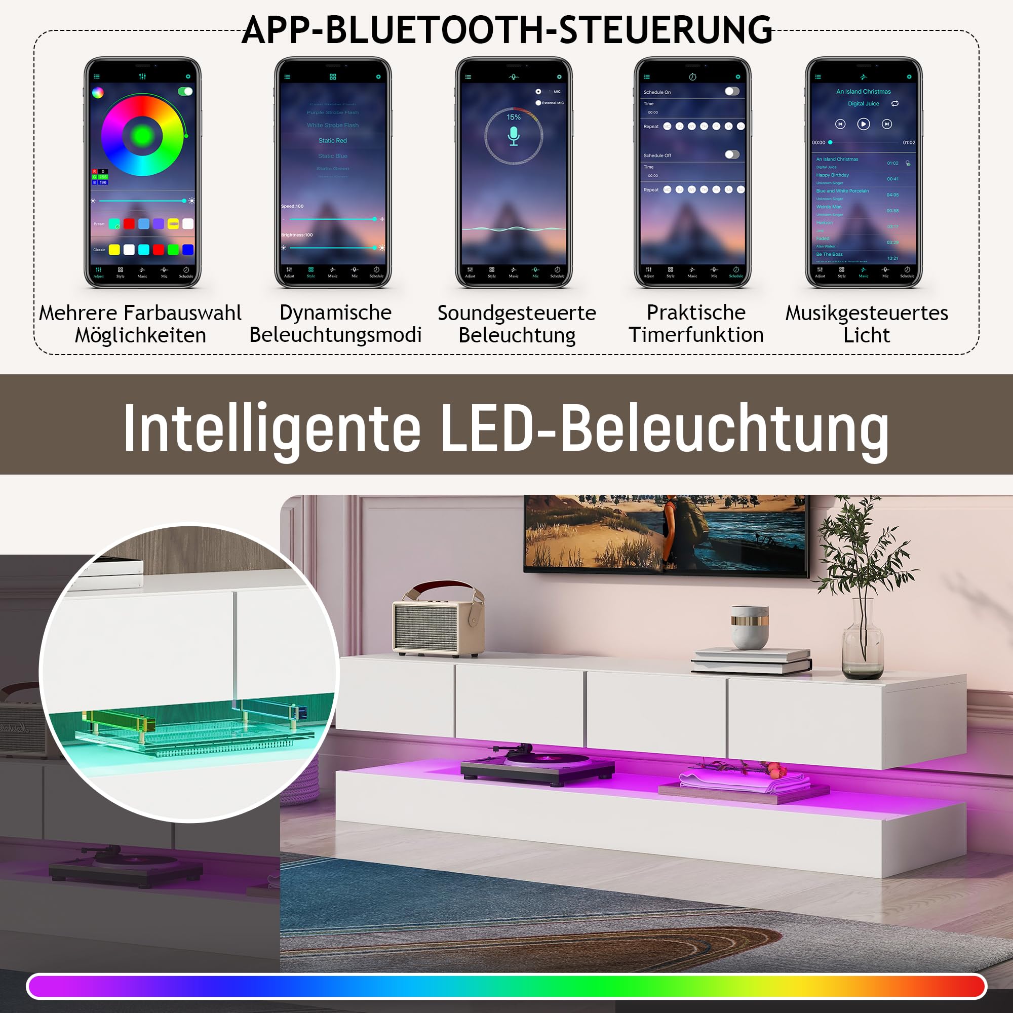 Meuble TV avec 2 armoires 4 tiroirs Mural avec éclairage LED Armoire Murale pour téléviseur Jusqu’à 55 Pouces Lowboard pour Salon Table TV Blanc