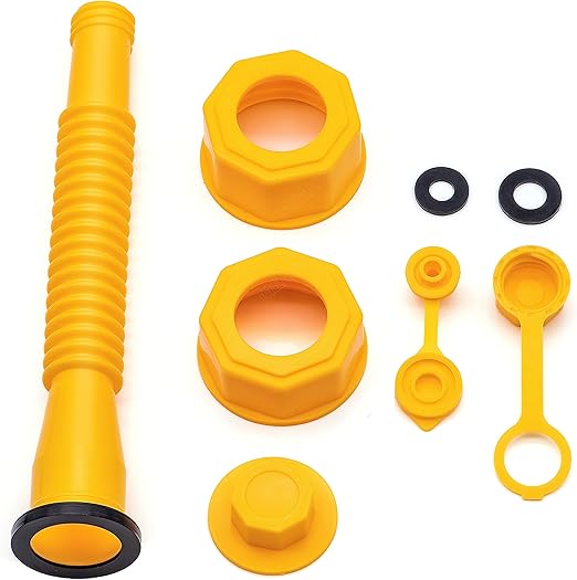Yellow Gas Can Nozzle Kit, Half, Two, Five & Ten Gallon Can Vent Caps, Base Caps, Rubber Pad & Spout Cover