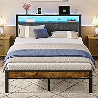 Vista 1 de Base de cama tamaño Queen con cabecera de estantes de almacenamiento de 2 niveles, cama de plataforma con estación de carga, luces LED, no necesita