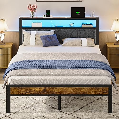 Miniatura 10 de Estructura de cama de plataforma tamaño completo con luces LED, estación de carga, cabecera tapizada gris con estantes de almacenamiento de 2