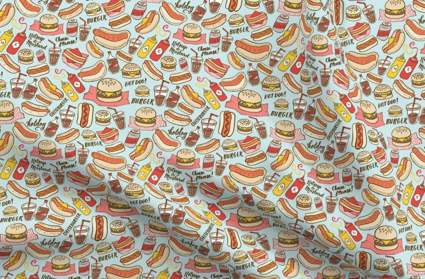 Spoonflower Fabric - BBQ Food Hot Dog Hamburger Mustard Picnic Printed on Organic Cotton Sateen Fabric by The Yard - Sewing Quilting Apparel Home Decor
