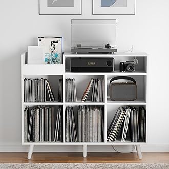 Cozy Castle Large Record Player Stand with Vinyl Storage Cabinet, Wood Turntable Table Open Shelf Holder Up to 500 Albums Cube Storage Organizer for Living Room, Office, White