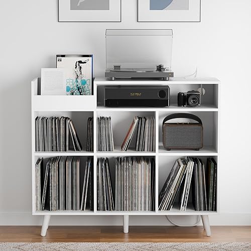 Cozy Castle Soporte grande para tocadiscos, gabinete de almacenamiento de vinilo moderno de mediados de siglo, soporte para consola multimedia,