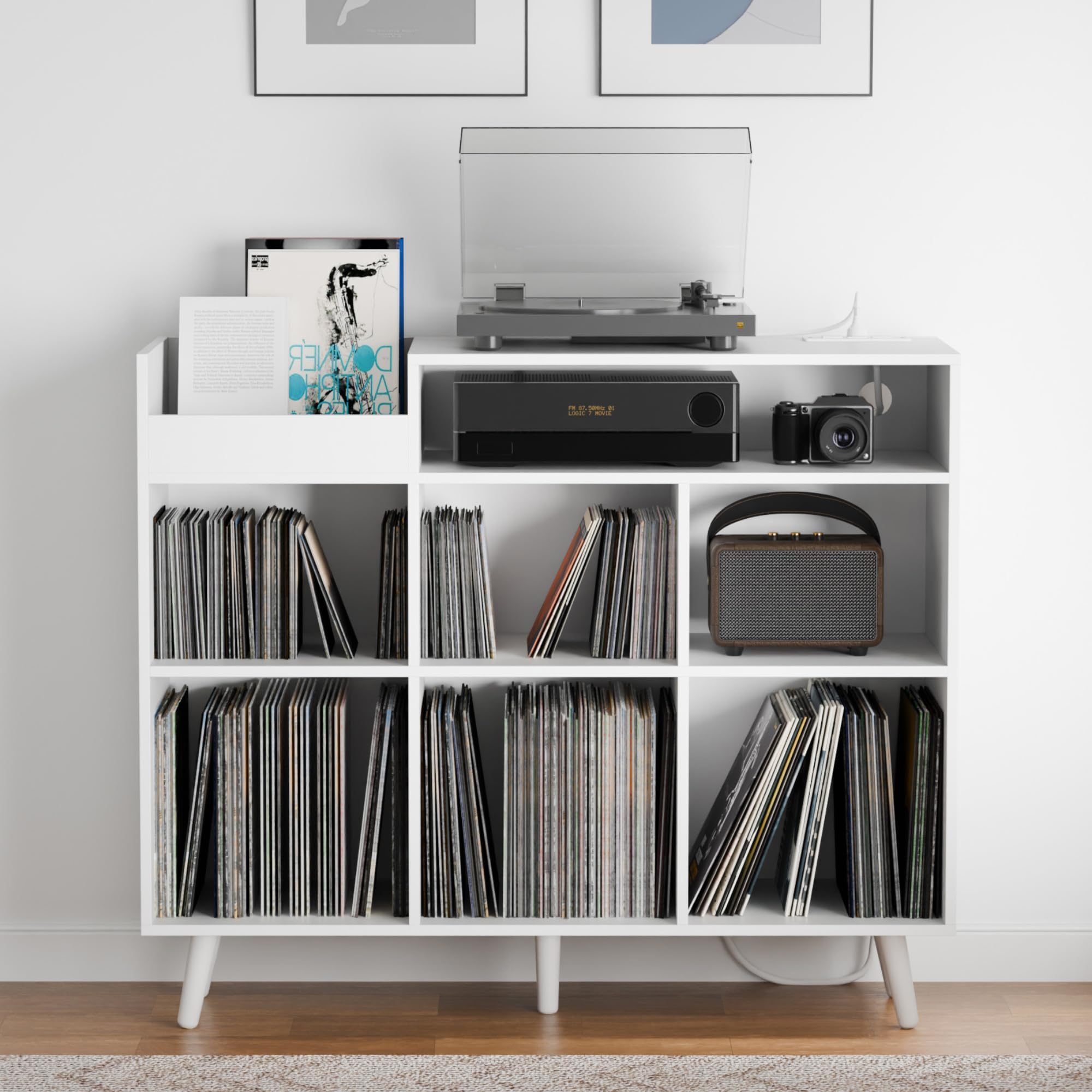 Cozy Castle Large Record Player Stand, Vinyl Storage Cabinet Mid Century Modern Turntable Stand Media Console Table Open Shelf Cube CD Album Holder Organizer for Living Room, Office, White
