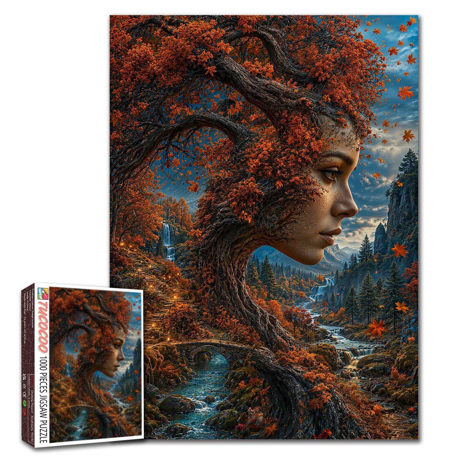 Tree Woman Puzzle Nature Goddess Jigsaw 1000 Pieces for Adults Tree of Life Puzzles Autumn Forest Mountain Landscape Picture Perfect for Families Party Game Gifts — image 1