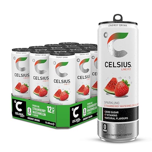 CELSIUS Energy Drink, Sparkling Strawberry Watermelon, Natural Flavours. No Artificial Colours, Sugar Free Energy Drinks, 355 mL, 12-Pack - Strawberry Watermelon - 355 ml (Pack of 12)