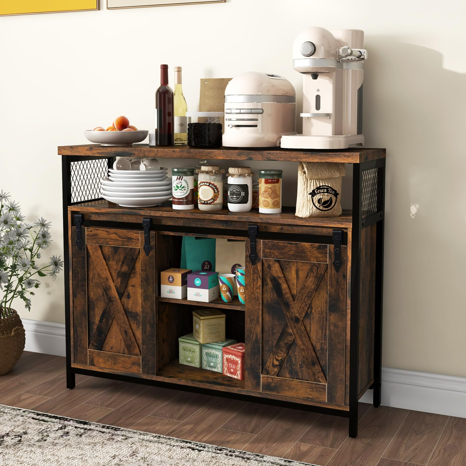 GOPLUS - Mueble de almacenamiento de cocina con 2 puertas correderas, aparador de cocina estilo industrial con 6 compartimentos abiertos y patas ajustables para sala de estar, cocina, 100 x 33 x 88 cm