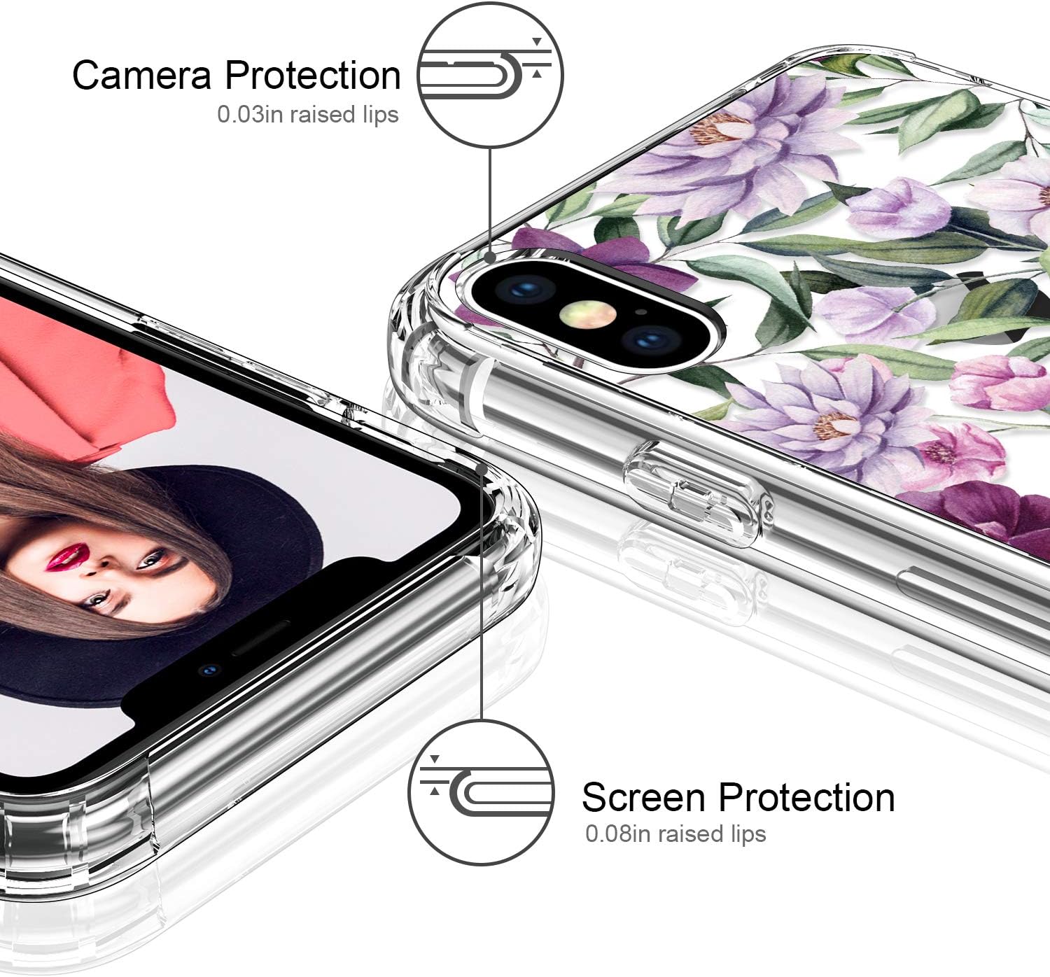 ICEDIO iPhone X Case with Screen Protector,iPhone Xs Case Clear with Fashion Floral Designs for Girls Women,Slim Fit TPU Cover Protective Phone Case for iPhone X/iPhone Xs Beautiful Blossoms
