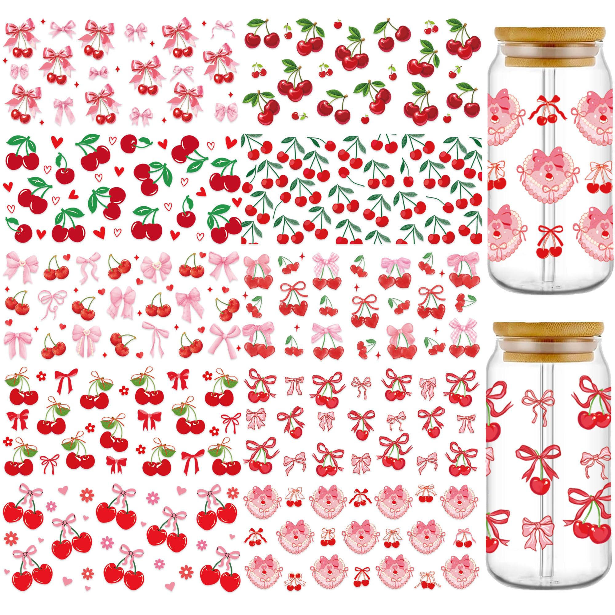 UV DTF Cup Wraps Transfer Stickers: 10 Pcs Cherry and Pink Bow UV DTF Cup Wraps for 16 oz Glass Water Bottle Mugs, Bow Uvdtf Stickers, Rub on