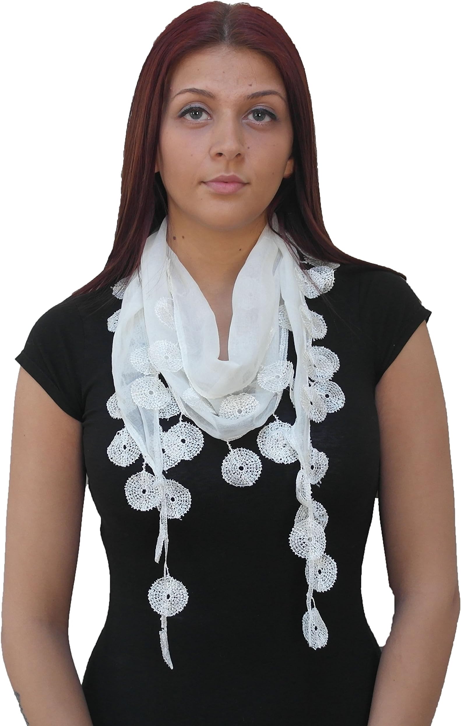 Women's Fashion Scarf with Matching Round Fringes One Size White