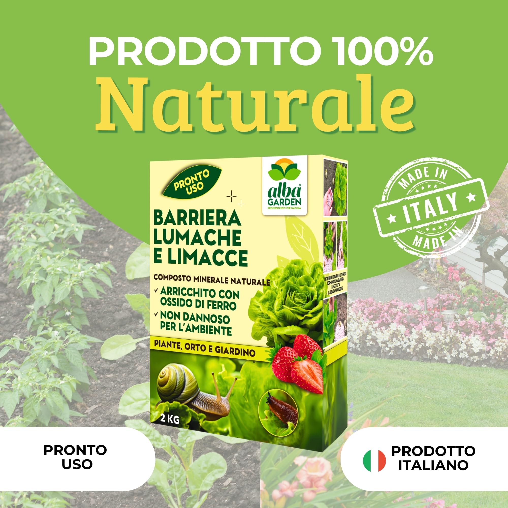 Albagarden - Lumachicida Granulare Naturale con Ossido di Ferro - Maxi x 2 Kg - Barriera Lumache e Limacce a Base di Minerali - Granulare