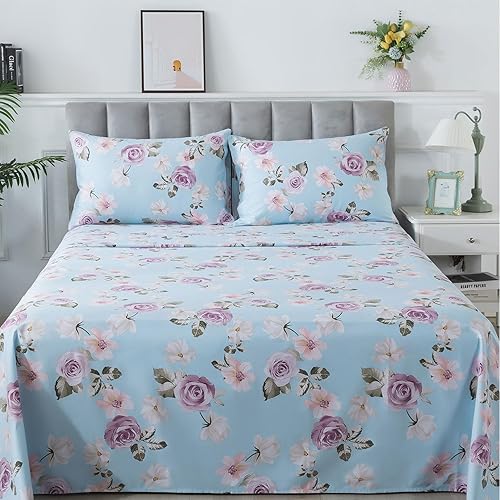Miniatura 9 de FADFAY Juego de sábanas de algodón percal, tamaño individual, sábana bajera con bolsillo profundo, ropa de cama desgastada con estampado de rosas