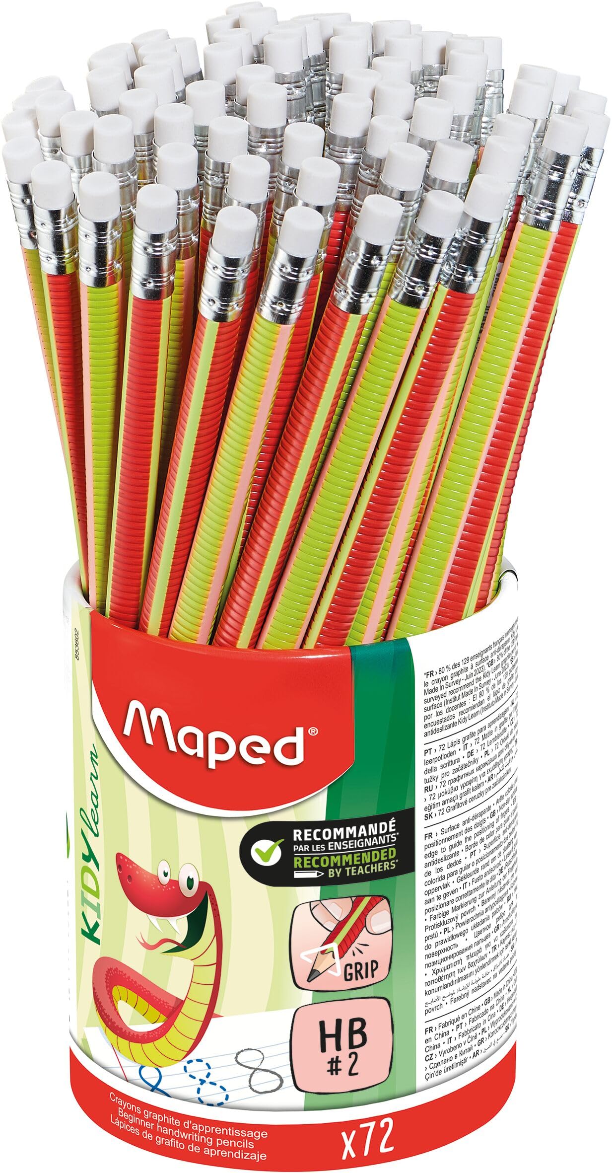 Maped - Crayons à Papier d’Apprentissage Surface Anti-dérapante - Corps texturé pour Faciliter la Préhension - Avec Gomme Blanche - Pot de 72 Crayons-Gris