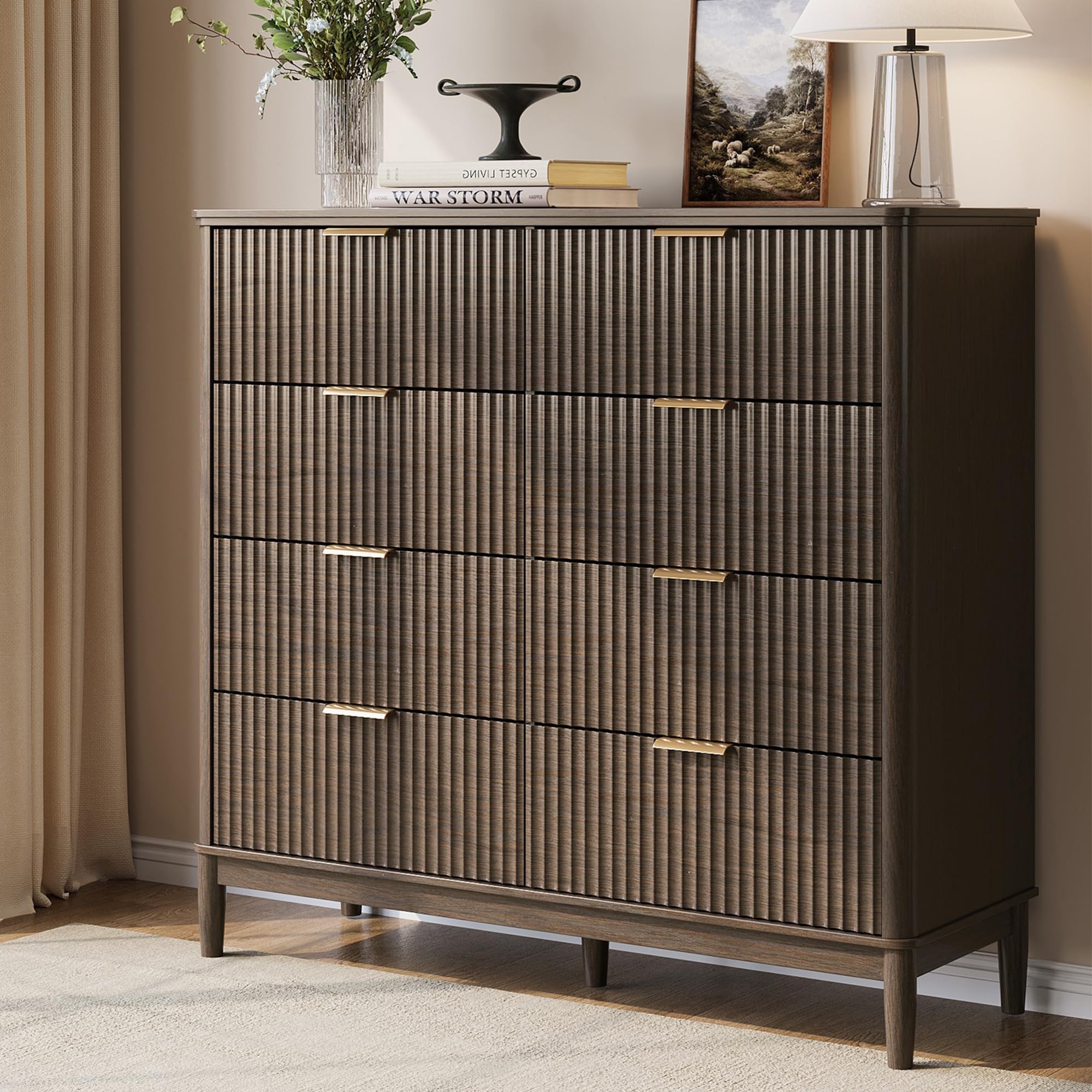 LINSY HOME Fluted Dresser for Bedroom with 8 Drawers, 47" Wide Mid Century Modern Dressers, Tall Boho Chest of Drawer, Large Wood Accent Storage