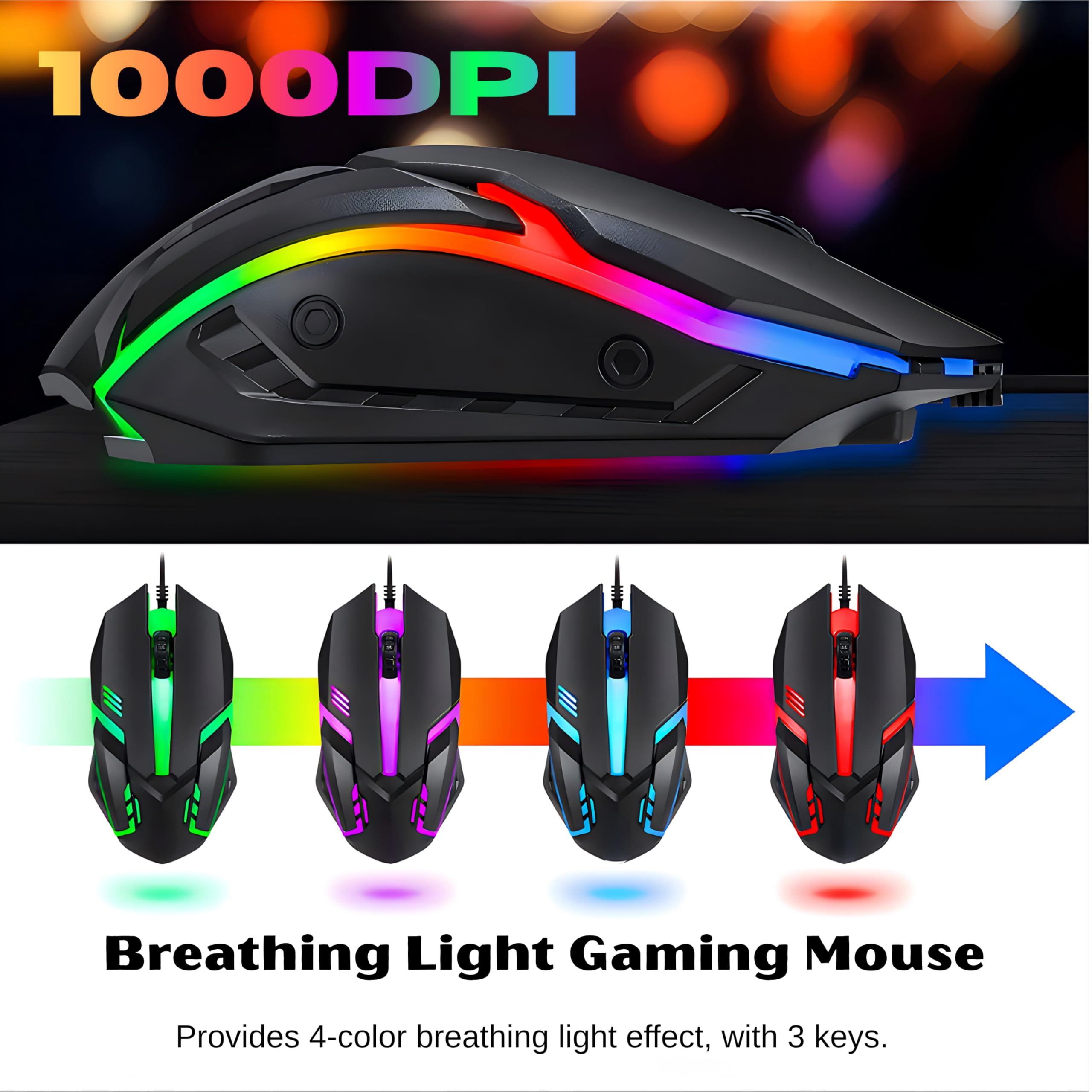 T Wolf TF800 zestaw combo gamingowy, 104 przyciski, klawiatura RGB z podświetleniem, 4-kolorowa, oddychająca mysz świetlna, zestaw słuchawkowy do gier 3,5 mm, antypoślizgowa podkładka pod mysz