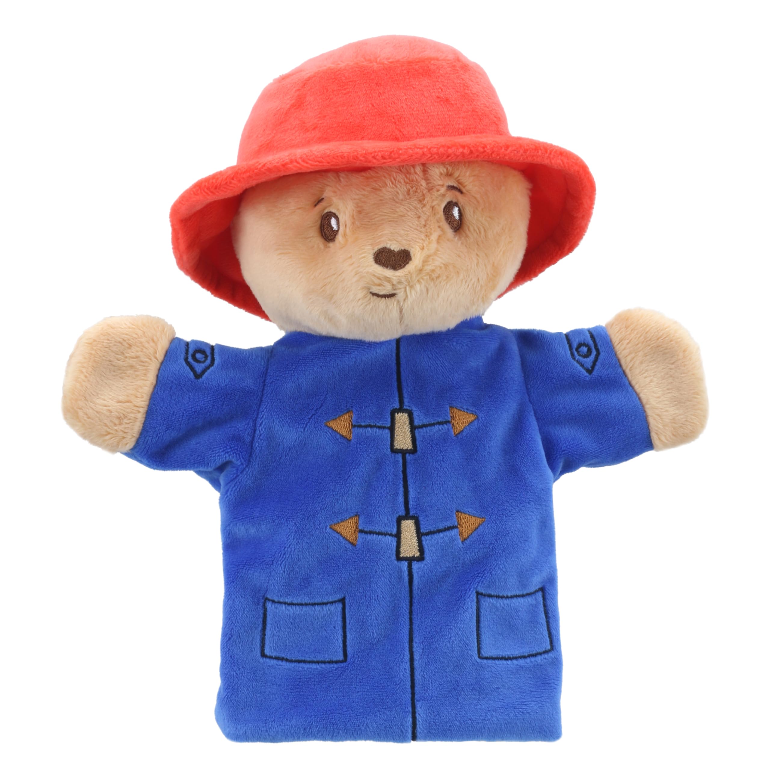 Baby Paddington Bear Hand Puppet - Cute and cuddly teddy bear - Paddington 2 - Paddington in Peru - Blue duffle coat and red Paddington hat - Suitable from Birth